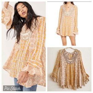 Free People Fallin Into You Bell Sleeve Sleeve Tunic Dress, Natural Combo. Sz XS